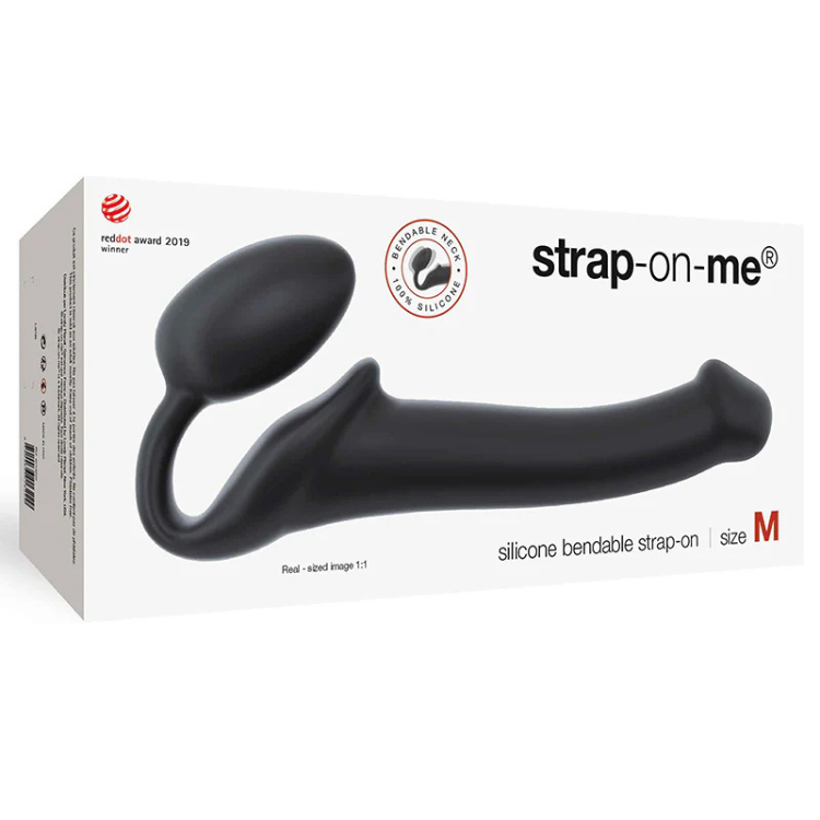 Black semi-realistic bendable silicone strap-on displayed in size M packaging