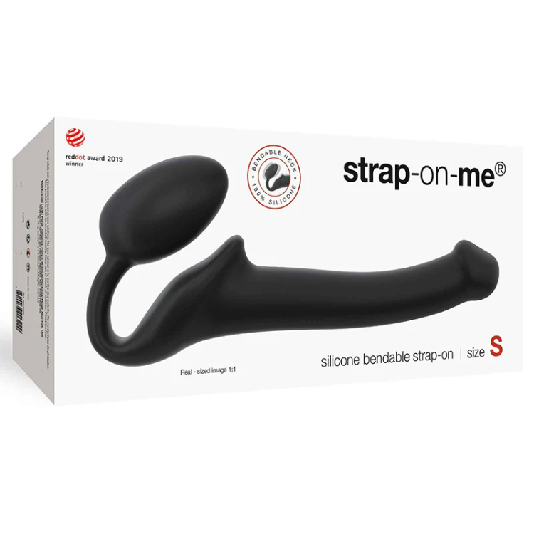 Black bendable silicone strap-on harness in packaging, size S, award-winning design