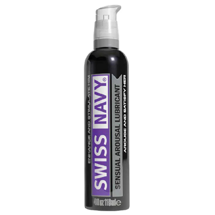 Black bottle of sensual arousal lubricant with pump dispenser, labeled Swiss Navy, 4 oz.
