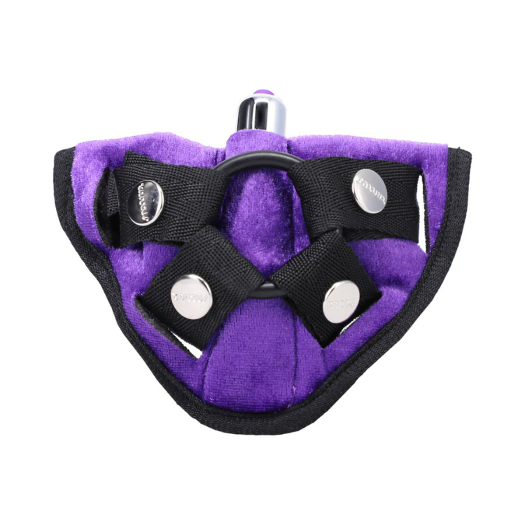Lavender purple adjustable strap-on harness kit with black straps and metal snaps