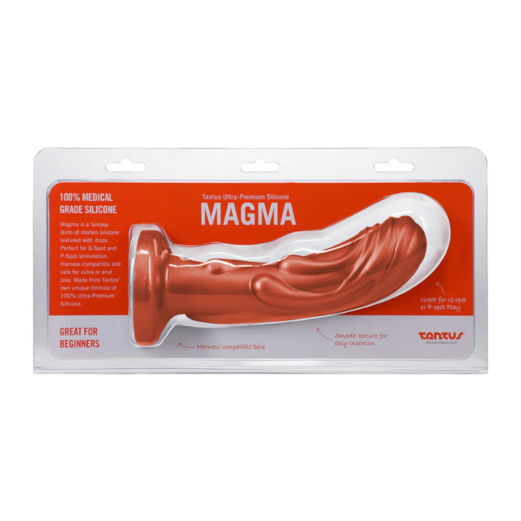 Copper silicone fantasy dildo with swirled texture in retail packaging, harness compatible.