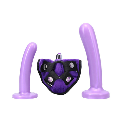 Lavender silicone strap-on harness kit with two curved attachments and adjustable harness