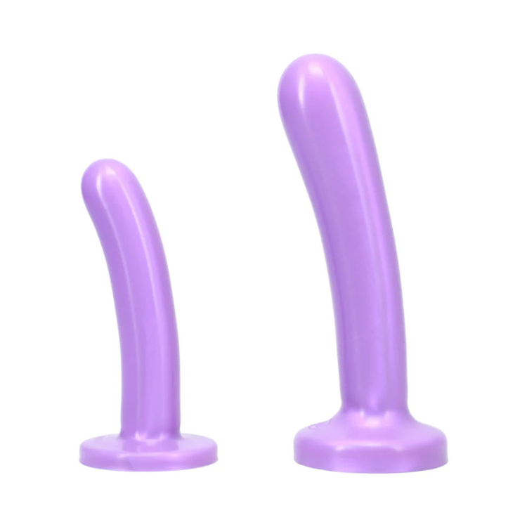 Lavender silicone strap-on dildo set with flared bases, two sizes shown side by side