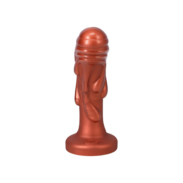 Metallic red fantasy silicone dildo with textured, flowing design and flared base
