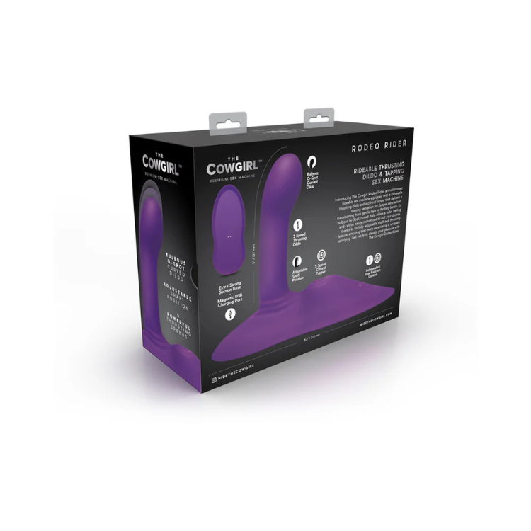 The Cowgirl Rodeo Rider rideable thrusting silicone toy with packaging, adjustable position, purple color.
