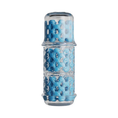 Blue hexagonal textured adult toy with clear casing, designed for intimate pleasure and stimulation.