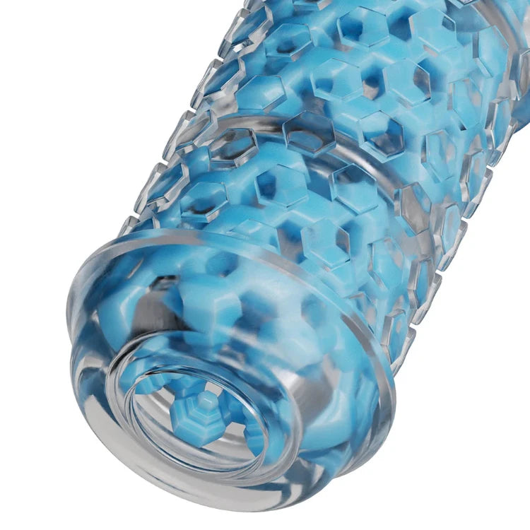 Blue honeycomb-textured adult toy with clear silicone sleeve, premium intimate wellness product