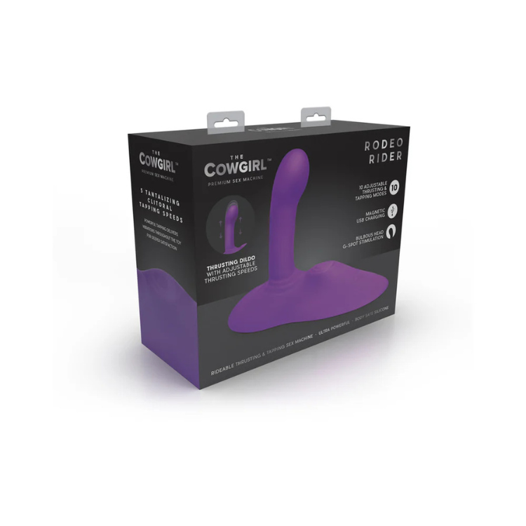 Black box featuring a purple thruster adult toy, labeled 'The Cowgirl Rodeo Rider'.