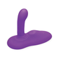 Purple silicone dual stimulation adult toy with curved shaft on a white background