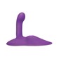 Purple silicone adult toy with curved shaft and wide base on white background