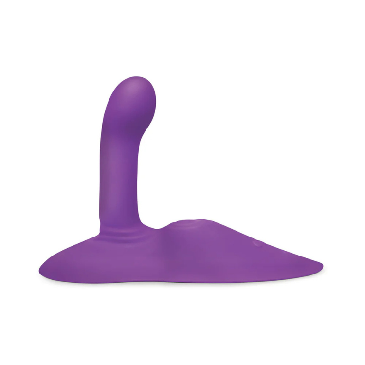 Purple silicone adult toy with curved shaft and wide base on white background
