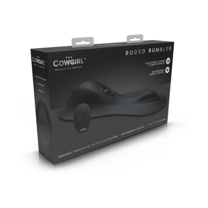 The Cowgirl Rodeo Rumbler premium vibrating and tapping ride-on machine with remote control in black packaging.