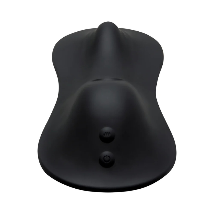 Black silicone-encased adult ride-on vibrator with ergonomic curved design and control buttons