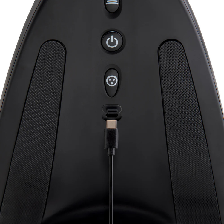Close-up of black adult wellness saddle machine controls and USB-C charging port