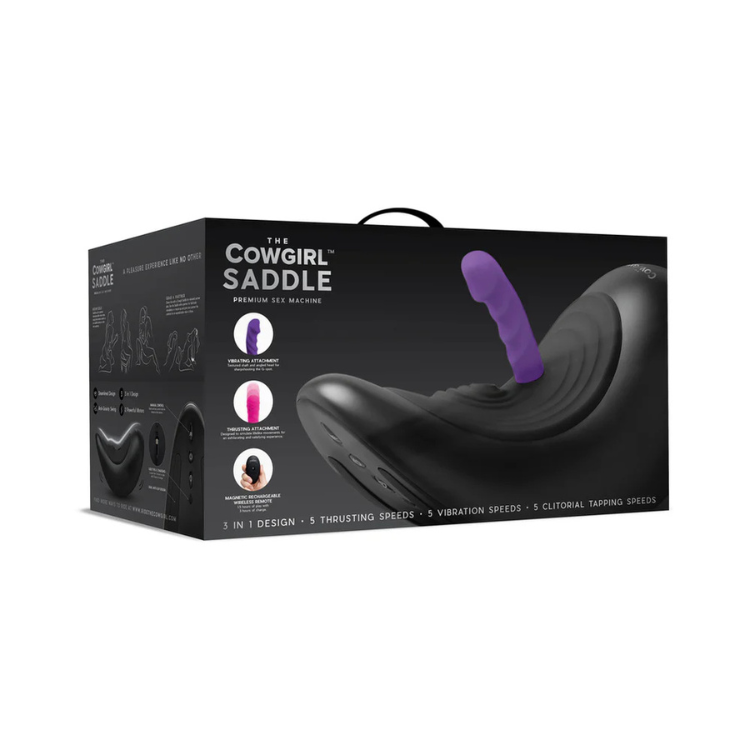 The Cowgirl Saddle machine box featuring a black saddle-style adult toy with a purple attachment.