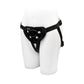 Black adjustable strap harness with a central padded panel on a white mannequin