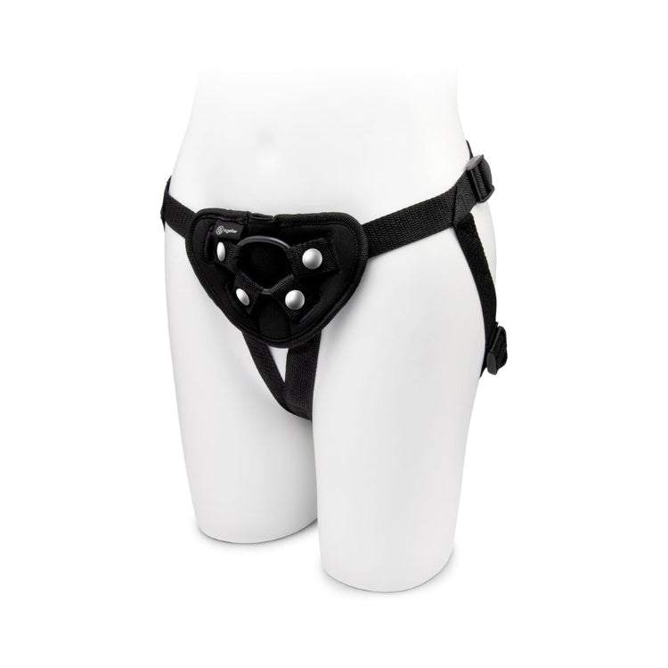 Black adjustable strap harness with a central padded panel on a white mannequin