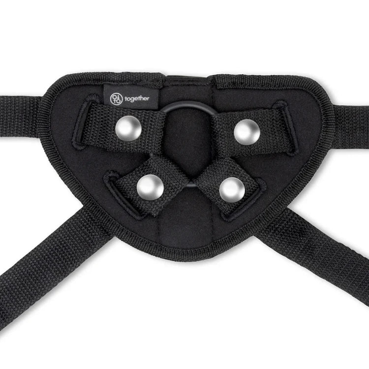 Black neoprene together bondage harness with four silver metal rivets