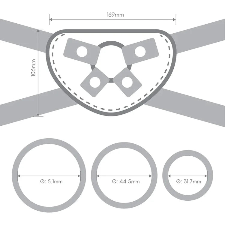 Technical drawing of a harness accessory with precise measurements in millimeters.