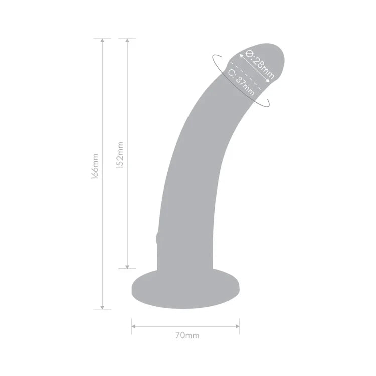 Technical diagram of a curved dildo with dimensions: 166mm length, 70mm base, 28mm diameter.
