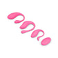 Four pink silicone curved pleasure toys arranged diagonally on a white background