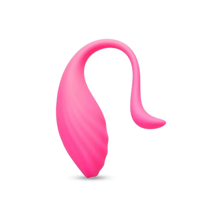 Bright pink curved silicone adult pleasure toy isolated on white background