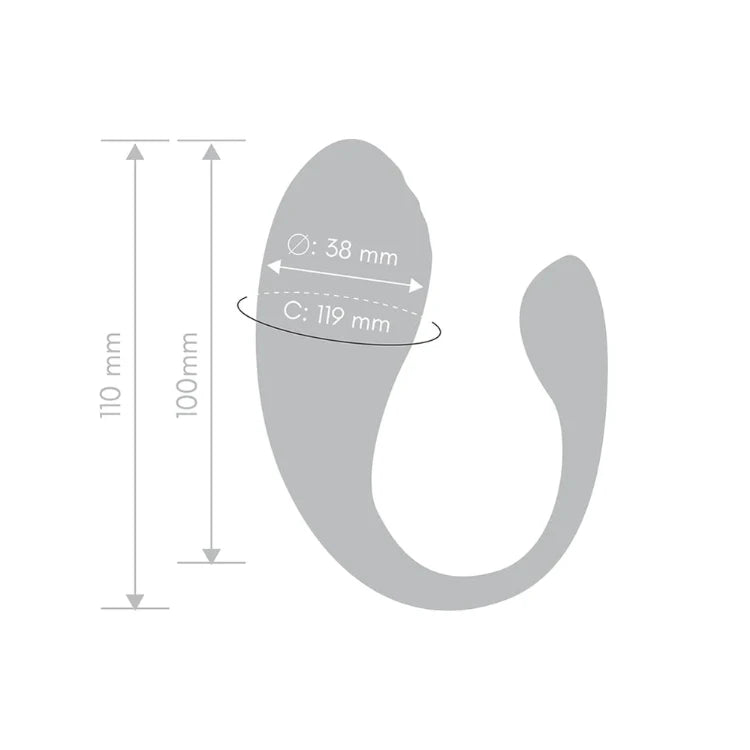 Technical diagram showing measurements of a curved sex wellness toy in millimeters.
