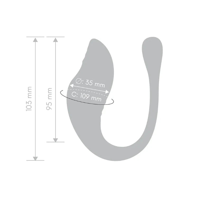 Technical diagram showing dimensions of a grey prostate massager: 103mm height, 35mm diameter.