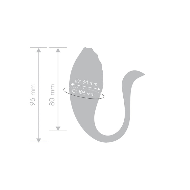 Technical dimension drawing of a curved adult wellness toy with size measurements in mm.