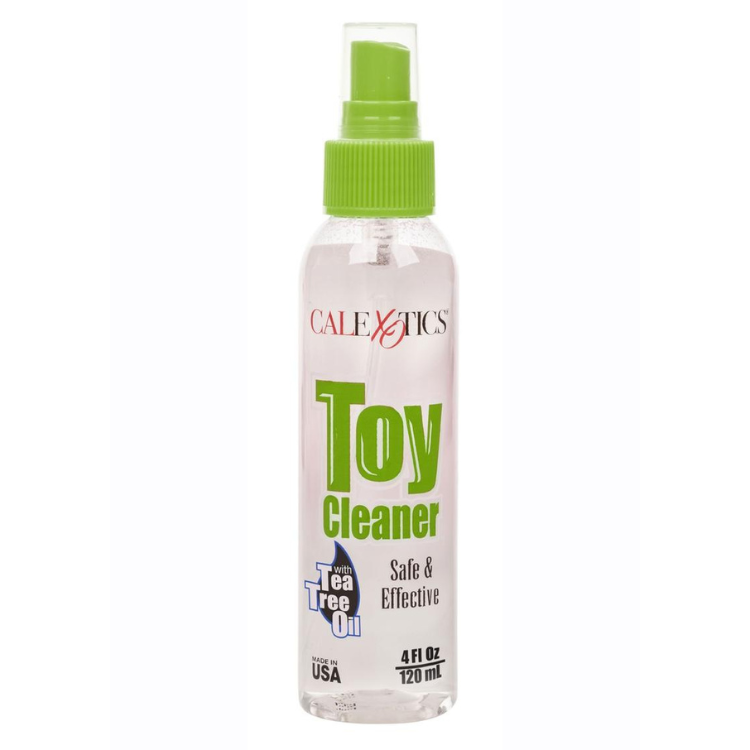 CalExotics Toy Cleaner with tea tree oil in a clear 4oz spray bottle, green cap