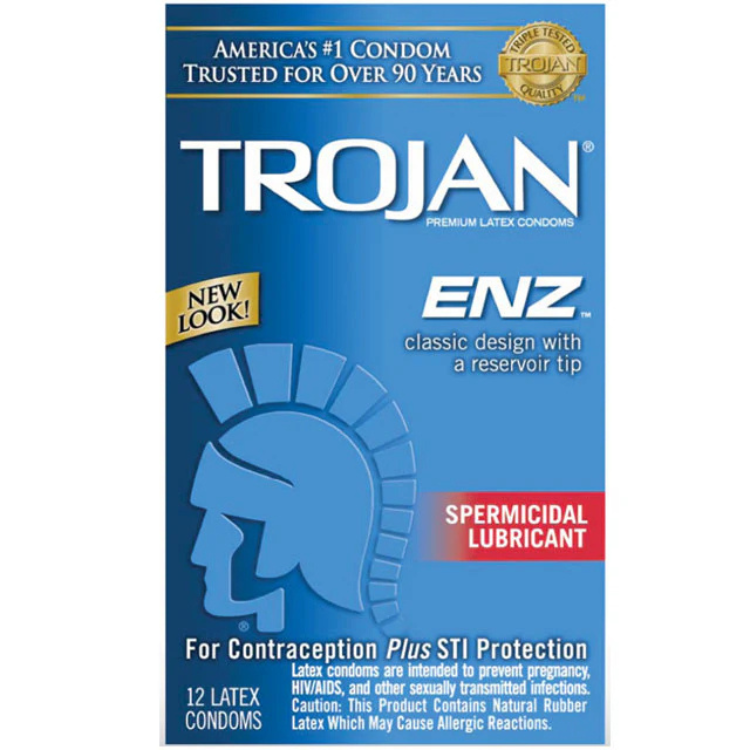 Box of premium latex condoms with spermicidal lubricant, classic design, 12 pack.