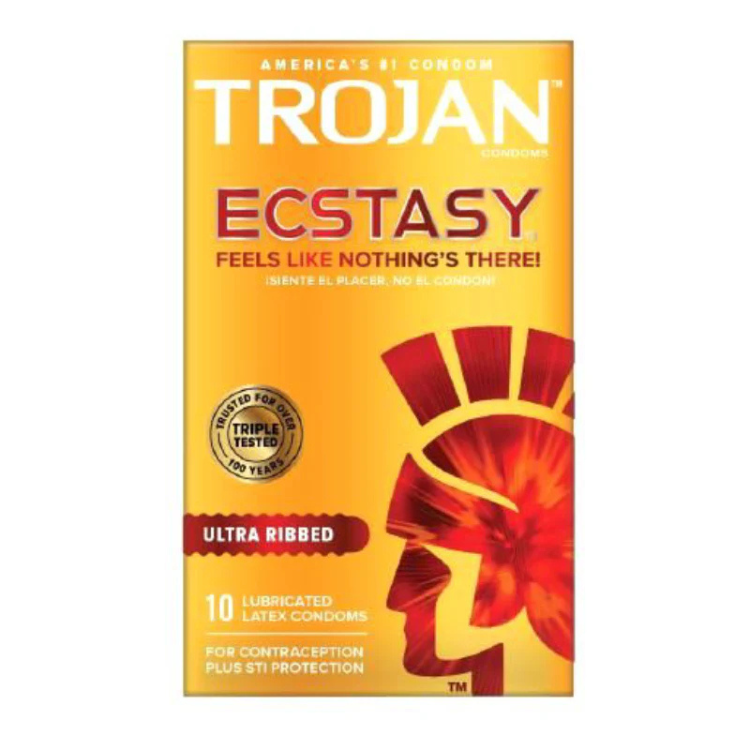 Trojan Ecstasy Ultra Ribbed lubricated latex condoms box, orange with red helmet design