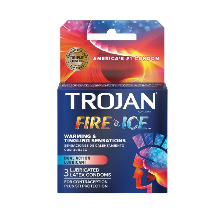 Trojan Fire & Ice lubricated latex condoms box with warming and tingling sensations