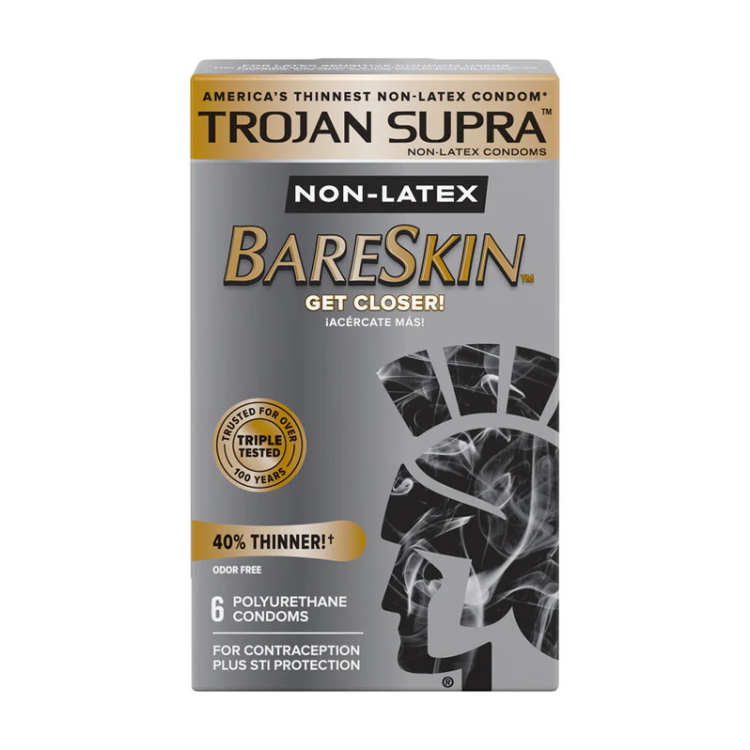 Trojan Supra Bareskin non-latex polyurethane condoms box, 6 count, silver and gold packaging