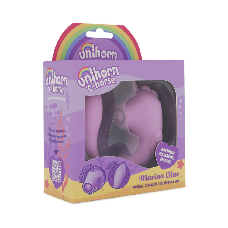 Lilac unicorn-themed massager in purple retail box, labeled Unihorn C-Horse Marina Lilac.