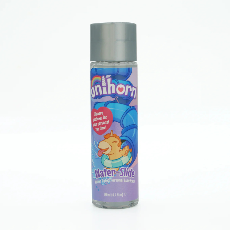 Unihorn Water-Based Lubricant 4.4 fl oz bottle with cartoon unicorn on purple label