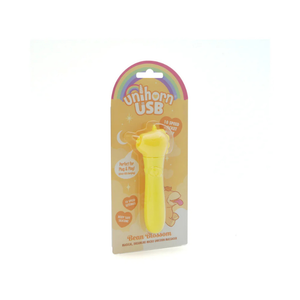 Yellow unicorn-shaped USB bullet massager in packaging with rainbow design and 10 speed settings.