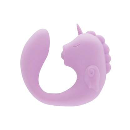 Lilac unicorn-shaped silicone couples vibrator with curved ergonomic design