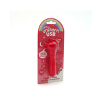 Red unicorn-shaped USB mini massager in retail packaging with rainbow design