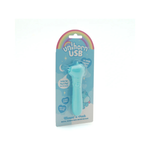 Blue unicorn-shaped USB personal massager in retail packaging with rainbow design