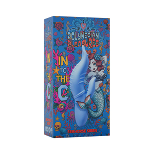 Colorful packaging for Polynesian Pleasures Seahorse Siren featuring a blue novelty item and tattooed mermaid illustration.