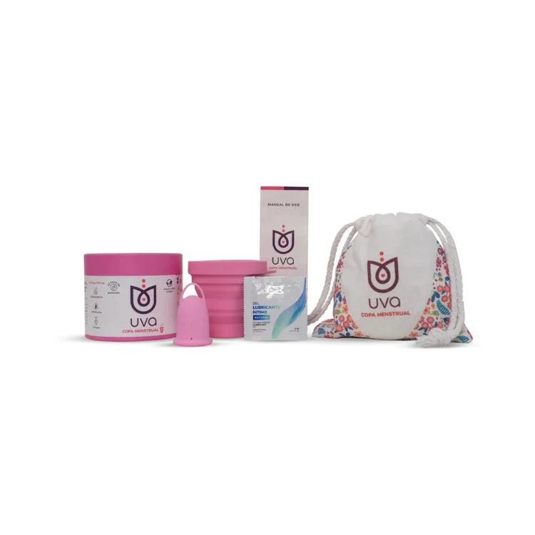 UVA menstrual cup set with pink cup, storage pouch, lubricant, and carrying case