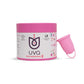 Pink menstrual cup with matching storage container, UVQ branding, eco-friendly packaging