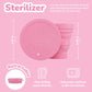 Pink silicone retractable menstrual cup sterilizer with measurements and usage instructions