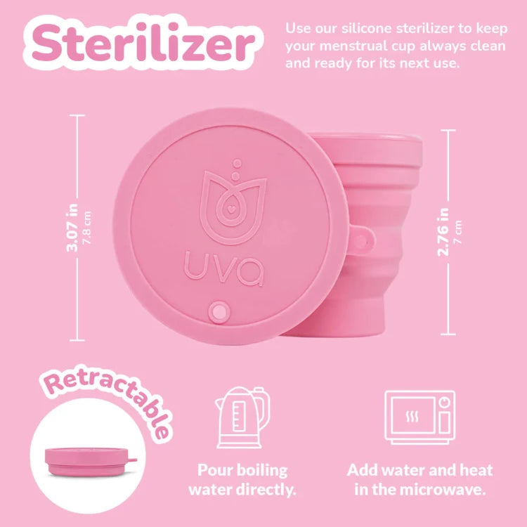 Pink silicone retractable menstrual cup sterilizer with measurements and usage instructions