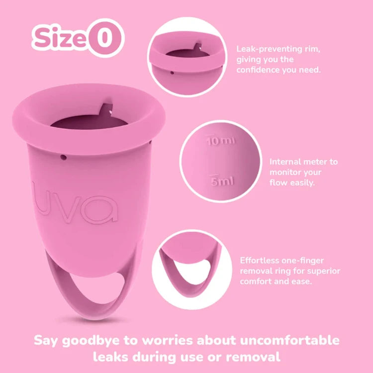Pink size 0 menstrual cup with leak-preventing rim, removal ring, and internal flow meter.
