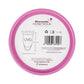 Pink-lidded Uva menstrual cup container showing cup dimensions, size, and 15ml capacity.