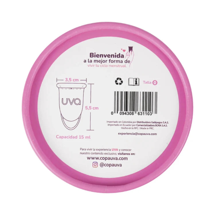 Pink-lidded Uva menstrual cup container showing cup dimensions, size, and 15ml capacity.