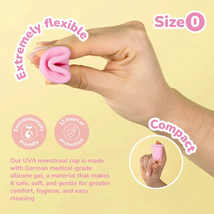 Person holding a small pink menstrual cup showing its flexibility, with text highlighting size 0, compact design, and medical-grade silicone.