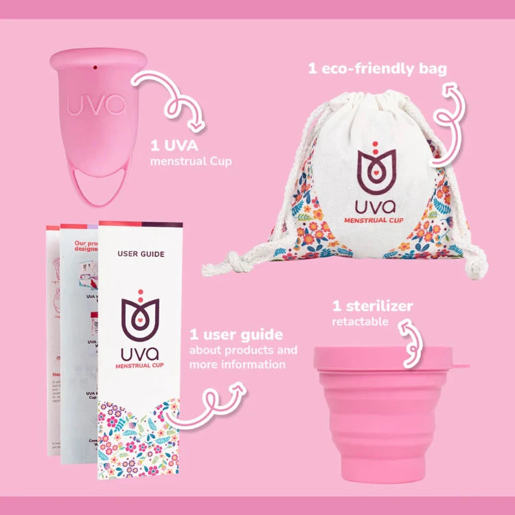 UVA menstrual cup set with pink cup, eco-friendly pouch, user guide, and collapsible sterilizer